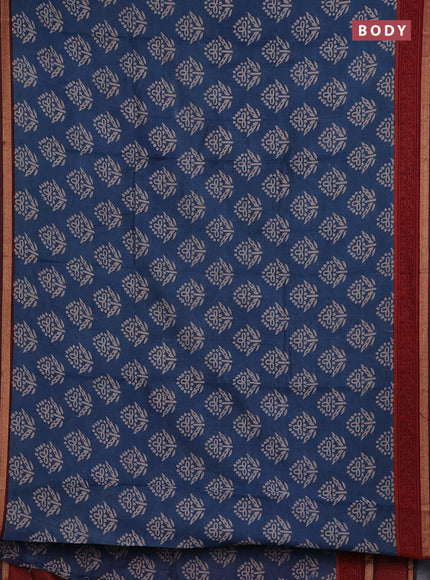 Muslin cotton saree peacock blue and maroon with butta prints and zari woven border