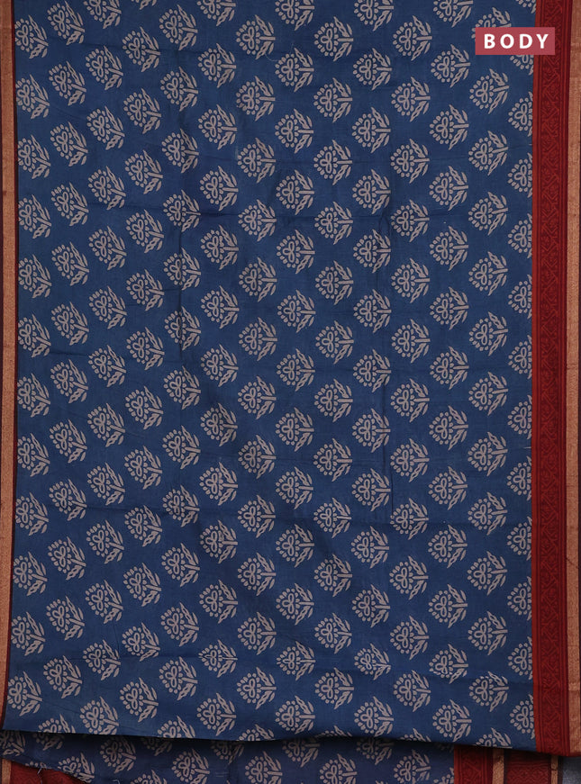 Muslin cotton saree peacock blue and maroon with butta prints and zari woven border