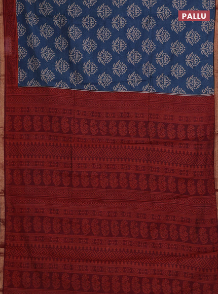 Muslin cotton saree peacock blue and maroon with butta prints and zari woven border