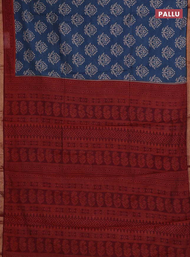 Muslin cotton saree peacock blue and maroon with butta prints and zari woven border
