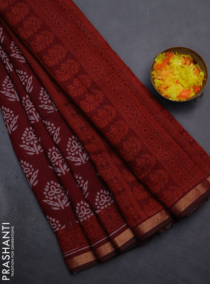 Muslin cotton saree maroon with butta prints and zari woven border