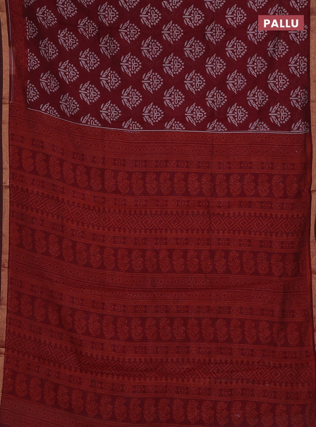 Muslin cotton saree maroon with butta prints and zari woven border