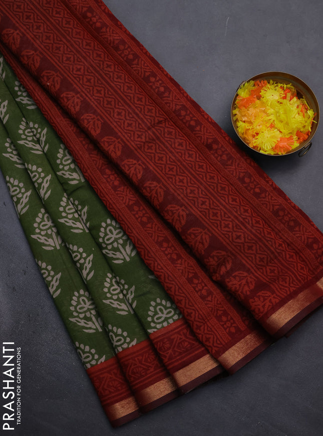 Muslin cotton saree green and maroon with butta prints and zari woven border