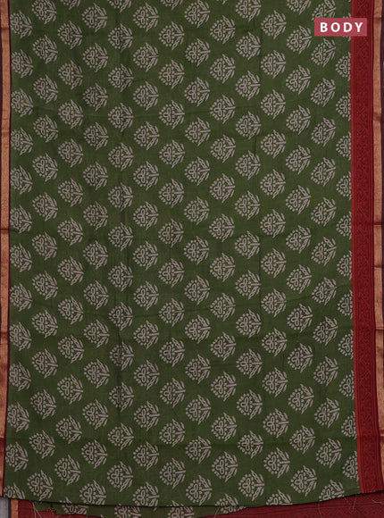 Muslin cotton saree green and maroon with butta prints and zari woven border