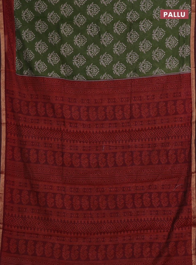 Muslin cotton saree green and maroon with butta prints and zari woven border