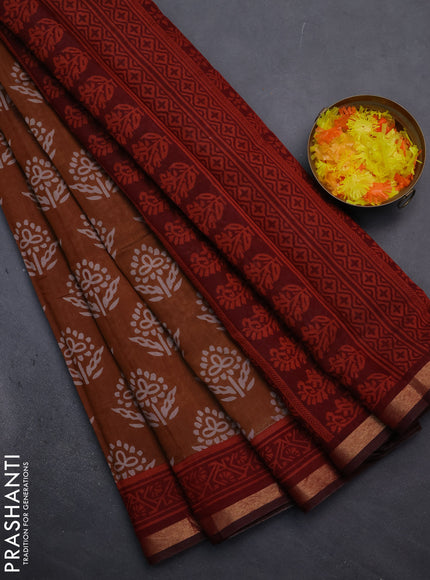 Muslin cotton saree mustard shade and maroon with butta prints and zari woven border
