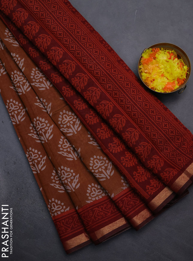 Muslin cotton saree mustard shade and maroon with butta prints and zari woven border