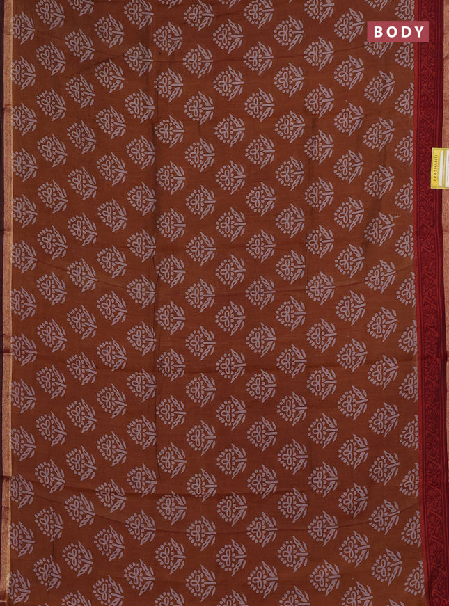 Muslin cotton saree mustard shade and maroon with butta prints and zari woven border