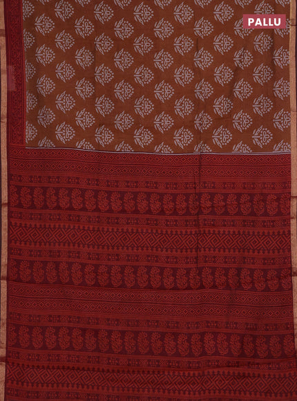 Muslin cotton saree mustard shade and maroon with butta prints and zari woven border