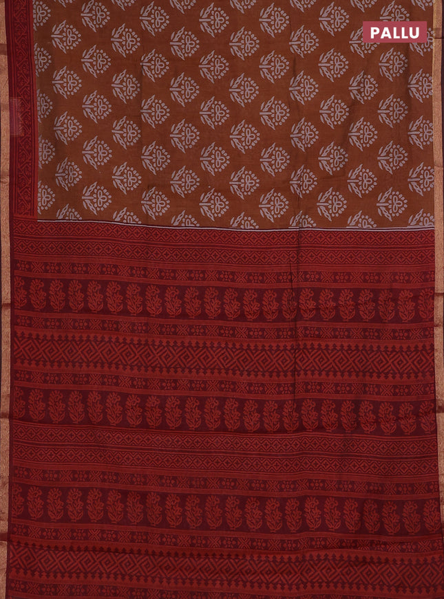 Muslin cotton saree mustard shade and maroon with butta prints and zari woven border