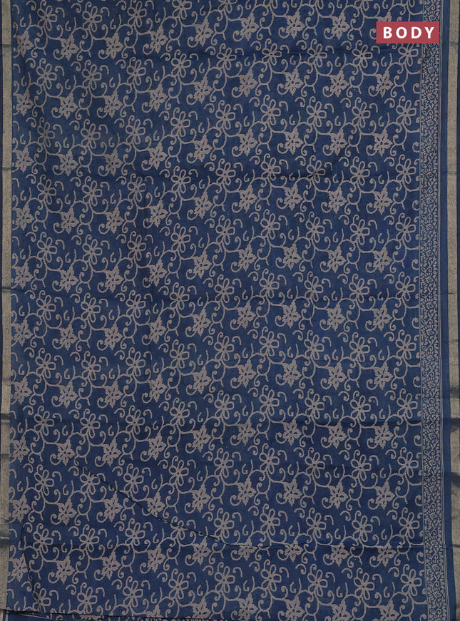 Muslin cotton saree peacock blue with allover prints and zari woven border