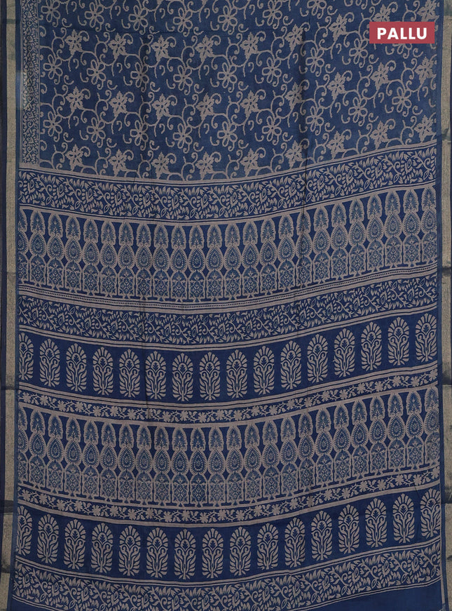 Muslin cotton saree peacock blue with allover prints and zari woven border