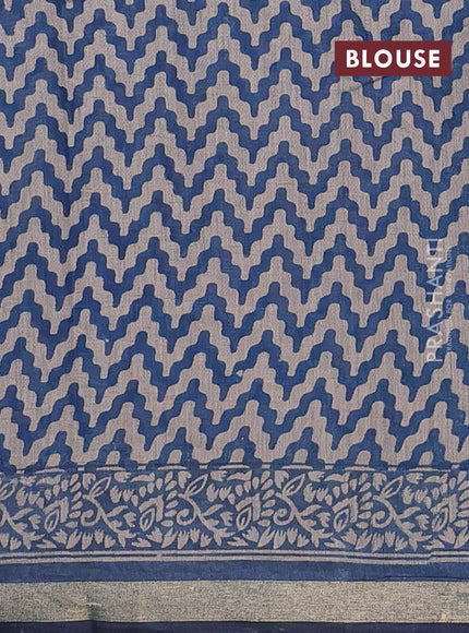 Muslin cotton saree peacock blue with allover prints and zari woven border