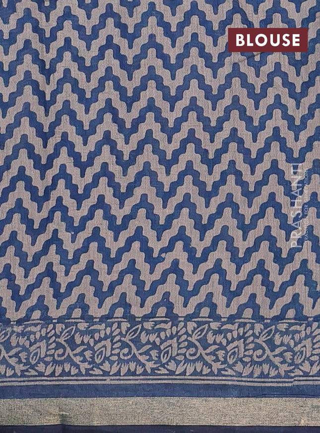 Muslin cotton saree peacock blue with allover prints and zari woven border