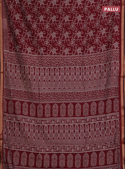 Muslin cotton saree maroon with allover prints and zari woven border