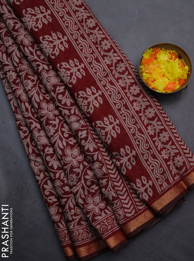 Muslin cotton saree maroon with allover kalamkari prints and zari woven border