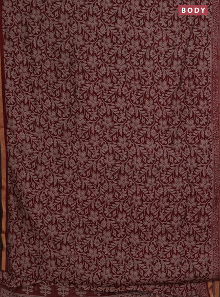 Muslin cotton saree maroon with allover kalamkari prints and zari woven border