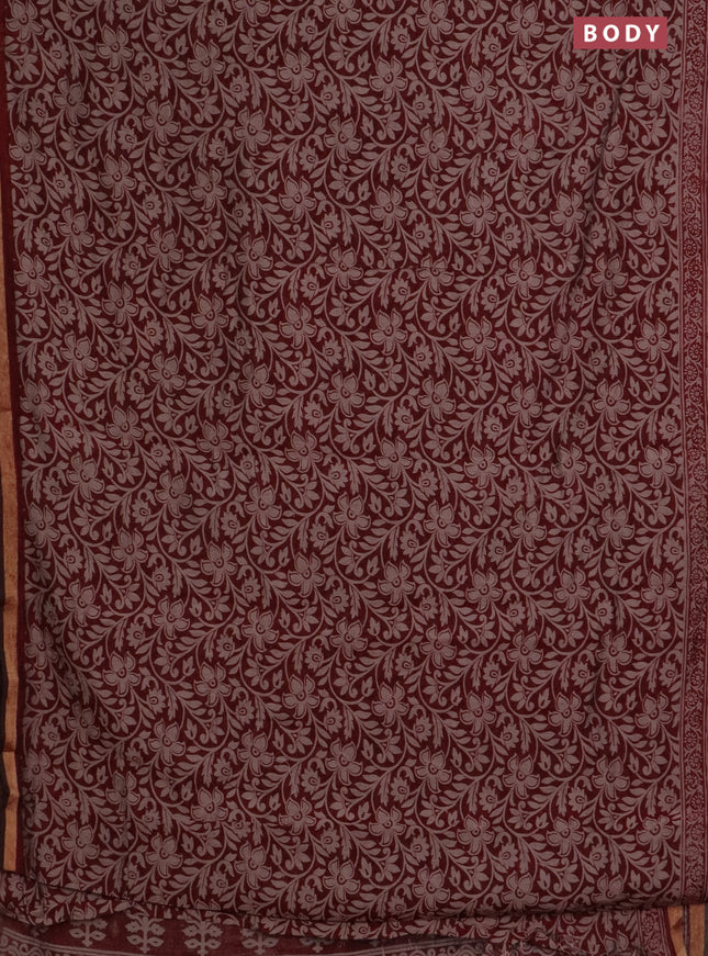 Muslin cotton saree maroon with allover kalamkari prints and zari woven border