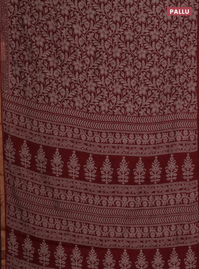 Muslin cotton saree maroon with allover kalamkari prints and zari woven border