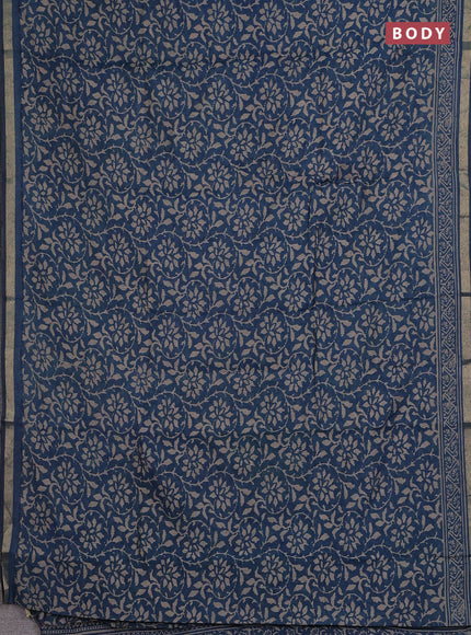 Muslin cotton saree peacock blue with allover prints and zari woven border