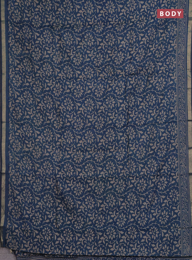 Muslin cotton saree peacock blue with allover prints and zari woven border