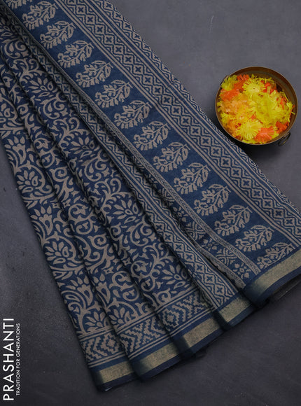 Muslin cotton saree peacock blue with allover kalamkari prints and zari woven border