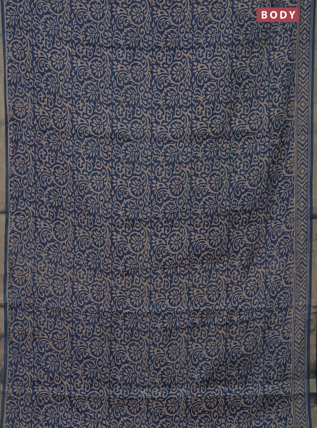 Muslin cotton saree peacock blue with allover kalamkari prints and zari woven border