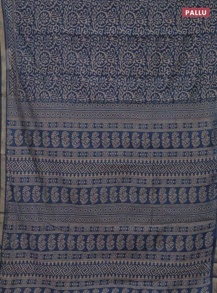 Muslin cotton saree peacock blue with allover kalamkari prints and zari woven border