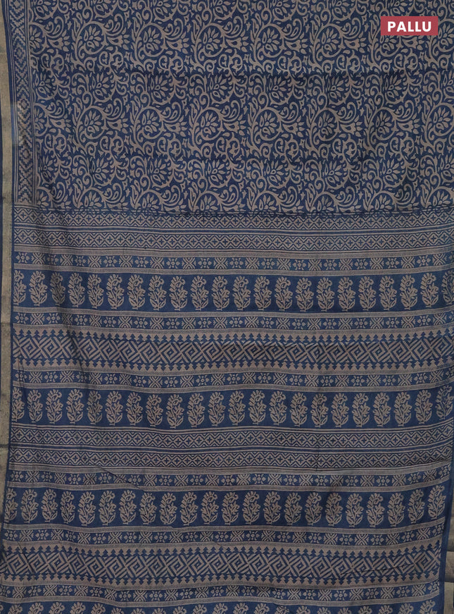 Muslin cotton saree peacock blue with allover kalamkari prints and zari woven border