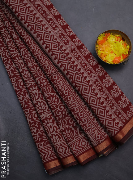 Muslin cotton saree maroon with allover kalamkari prints and zari woven border