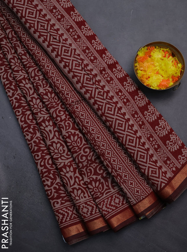 Muslin cotton saree maroon with allover kalamkari prints and zari woven border