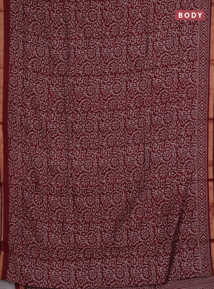 Muslin cotton saree maroon with allover kalamkari prints and zari woven border