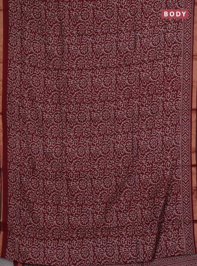 Muslin cotton saree maroon with allover kalamkari prints and zari woven border