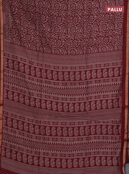 Muslin cotton saree maroon with allover kalamkari prints and zari woven border
