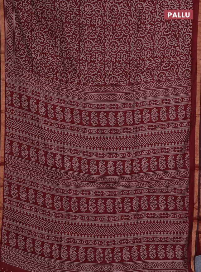 Muslin cotton saree maroon with allover kalamkari prints and zari woven border