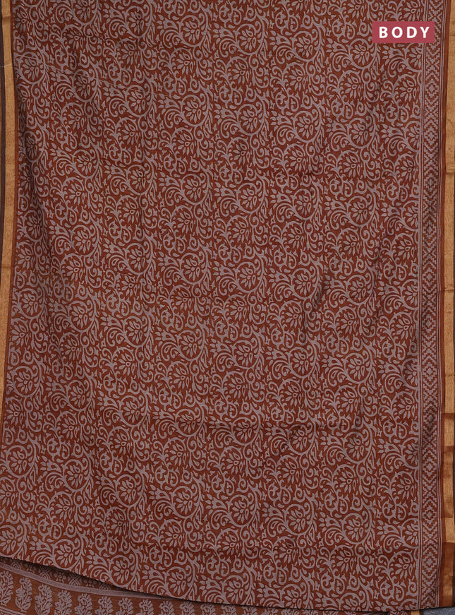 Muslin cotton saree dark mustard with allover kalamkari prints and zari woven border