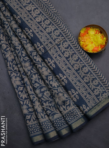 Muslin cotton saree peacock blue with allover kalamkari prints and zari woven border