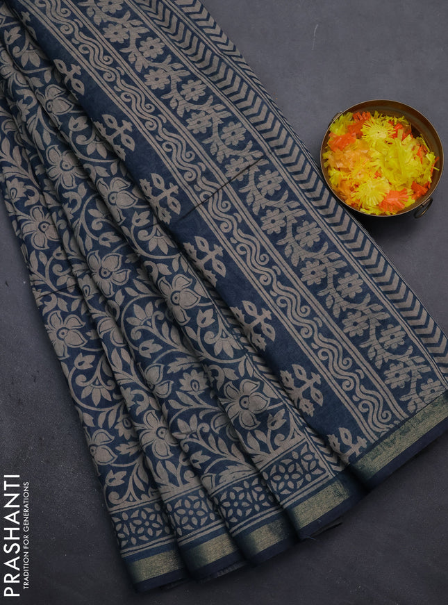 Muslin cotton saree peacock blue with allover kalamkari prints and zari woven border