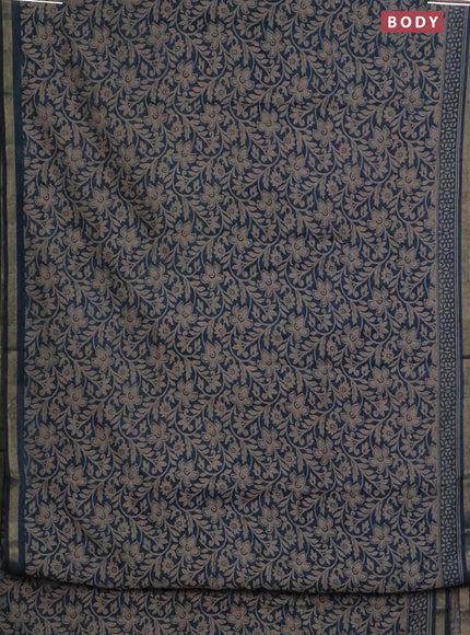 Muslin cotton saree peacock blue with allover kalamkari prints and zari woven border