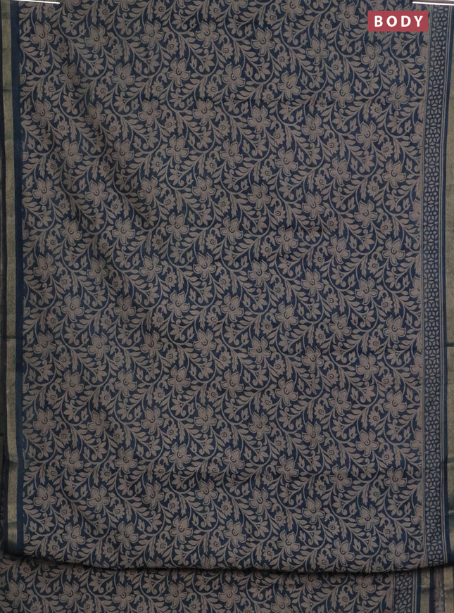 Muslin cotton saree peacock blue with allover kalamkari prints and zari woven border