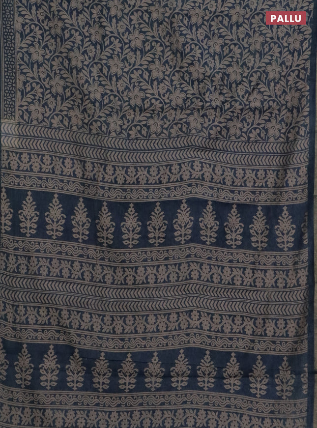 Muslin cotton saree peacock blue with allover kalamkari prints and zari woven border