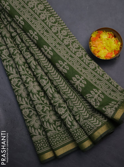 Muslin cotton saree sap green with allover kalamkari prints and zari woven border