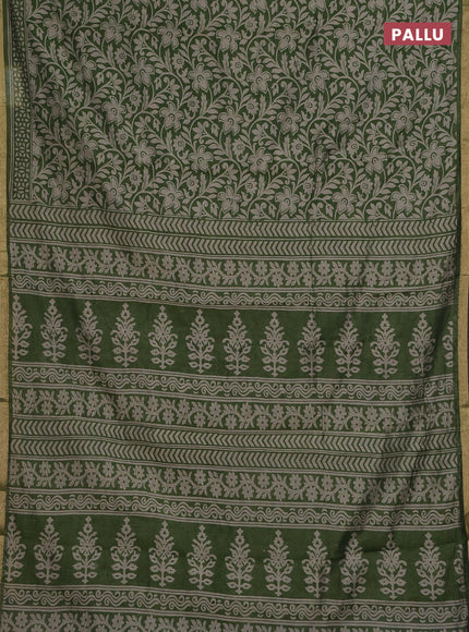 Muslin cotton saree sap green with allover kalamkari prints and zari woven border