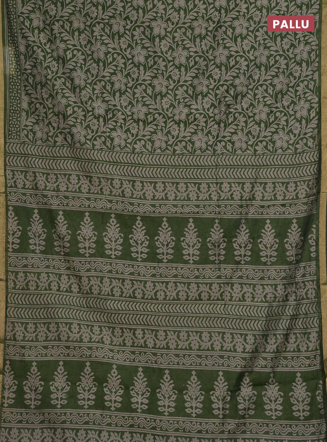 Muslin cotton saree sap green with allover kalamkari prints and zari woven border