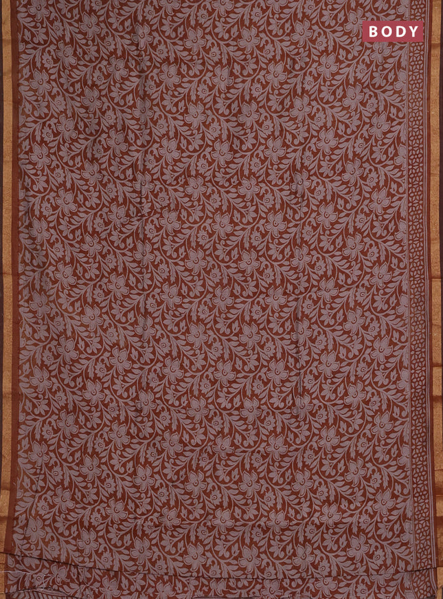 Muslin cotton saree dark mustard with allover kalamkari prints and zari woven border