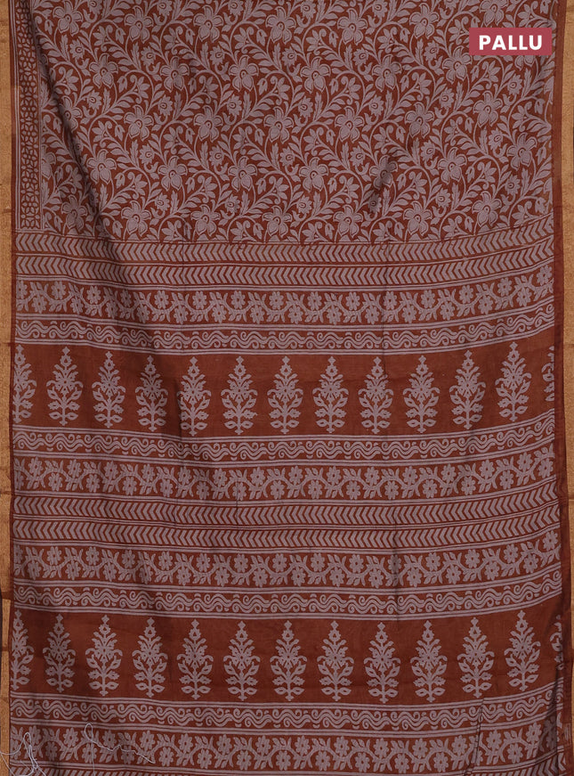 Muslin cotton saree dark mustard with allover kalamkari prints and zari woven border