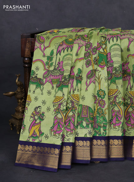 Silk cotton saree pista green and navy blue with allover kalamkari prints and zari woven korvai border