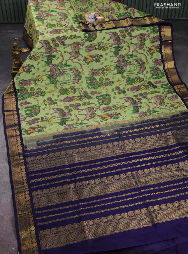Silk cotton saree pista green and navy blue with allover kalamkari prints and zari woven korvai border