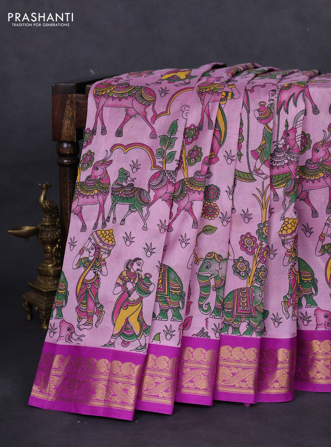 Silk cotton saree mild lavender and purple with allover kalamkari prints and zari woven korvai border
