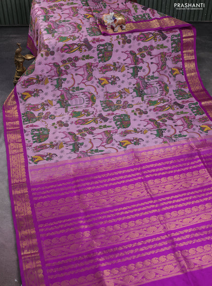 Silk cotton saree mild lavender and purple with allover kalamkari prints and zari woven korvai border